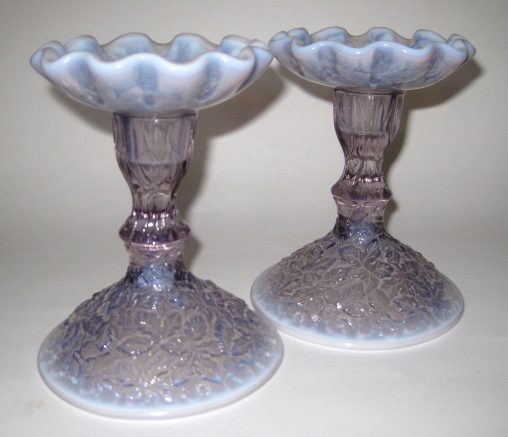Westmoreland Glass Pair Bramble Lilac Opalescent Candlesticks Westmoreland Glass Pair Bramble Lilac Opalescent Candlesticks
