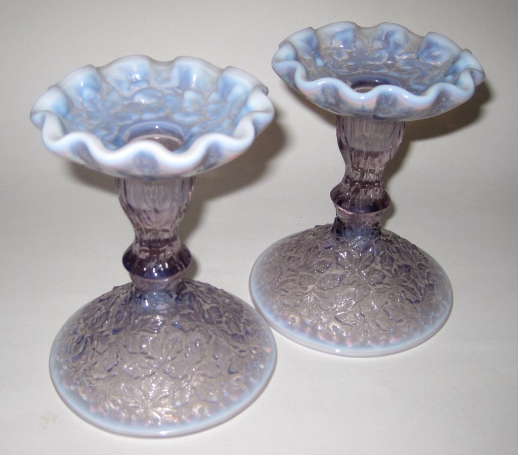 Westmoreland Glass Pair Bramble Lilac Opalescent Candlesticks Westmoreland Glass Pair Bramble Lilac Opalescent Candlesticks