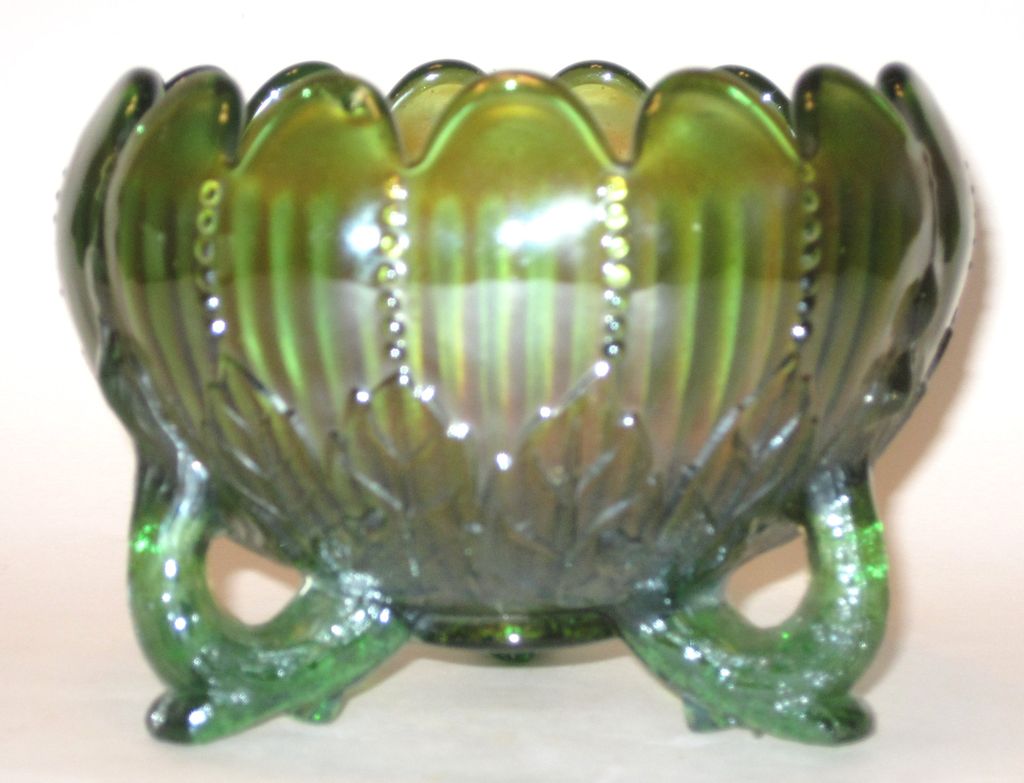 Northwood Leaf And Beads Carnival Glass Green Rose Bowl Northwood Leaf And Beads Carnival Glass Green Rose Bowl