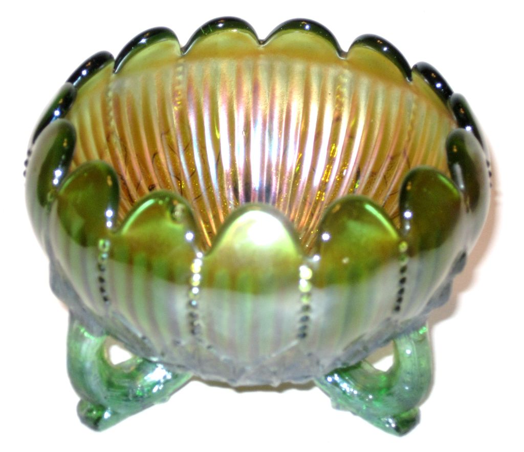 Northwood Leaf And Beads Carnival Glass Green Rose Bowl Northwood Leaf And Beads Carnival Glass Green Rose Bowl
