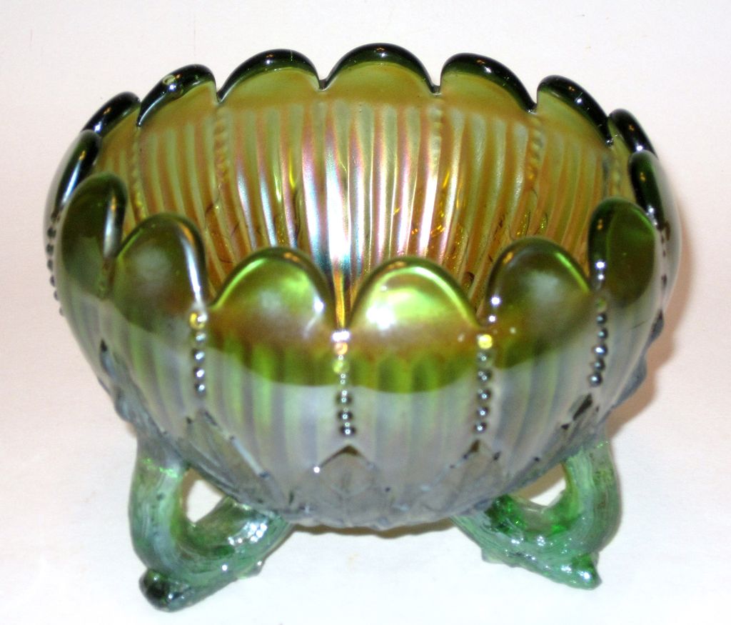 Northwood Leaf And Beads Carnival Glass Green Rose Bowl Northwood Leaf And Beads Carnival Glass Green Rose Bowl