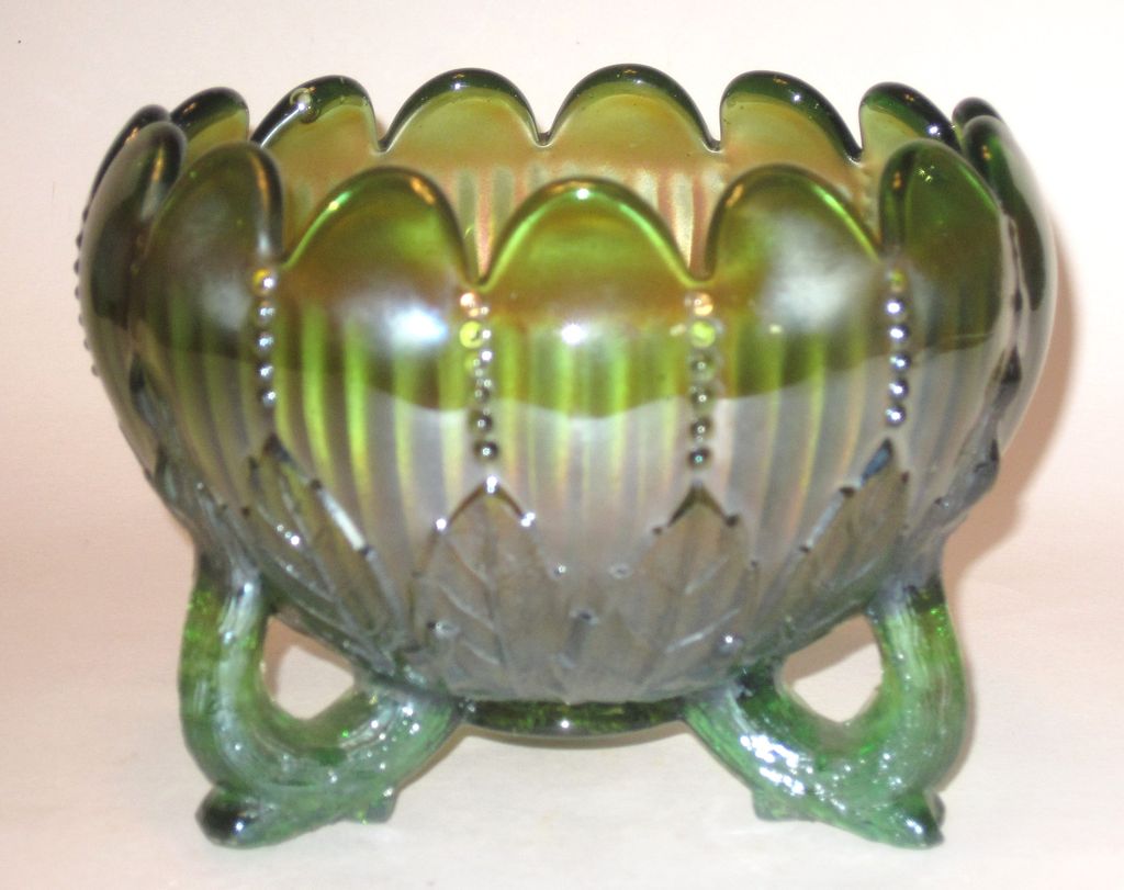 Northwood Leaf And Beads Carnival Glass Green Rose Bowl Northwood Leaf And Beads Carnival Glass Green Rose Bowl