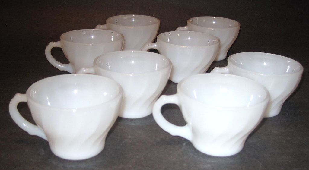 Eight White Milk Glass Fire King Swirl Mini Cups Eight White Milk Glass Fire King Swirl Mini Cups