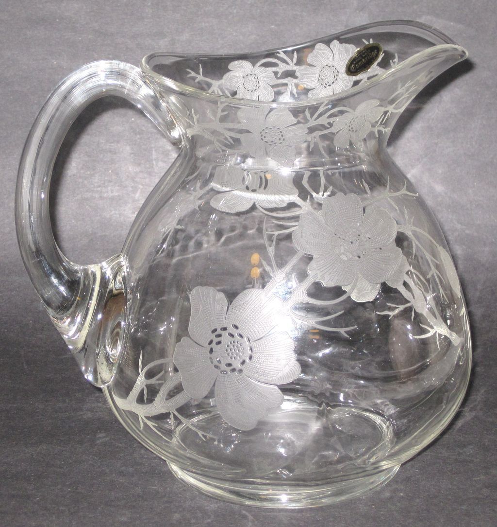 Cambridge Glass Etched Pitcher Magnolia Original Label Cambridge Glass Etched Pitcher Magnolia Original Label