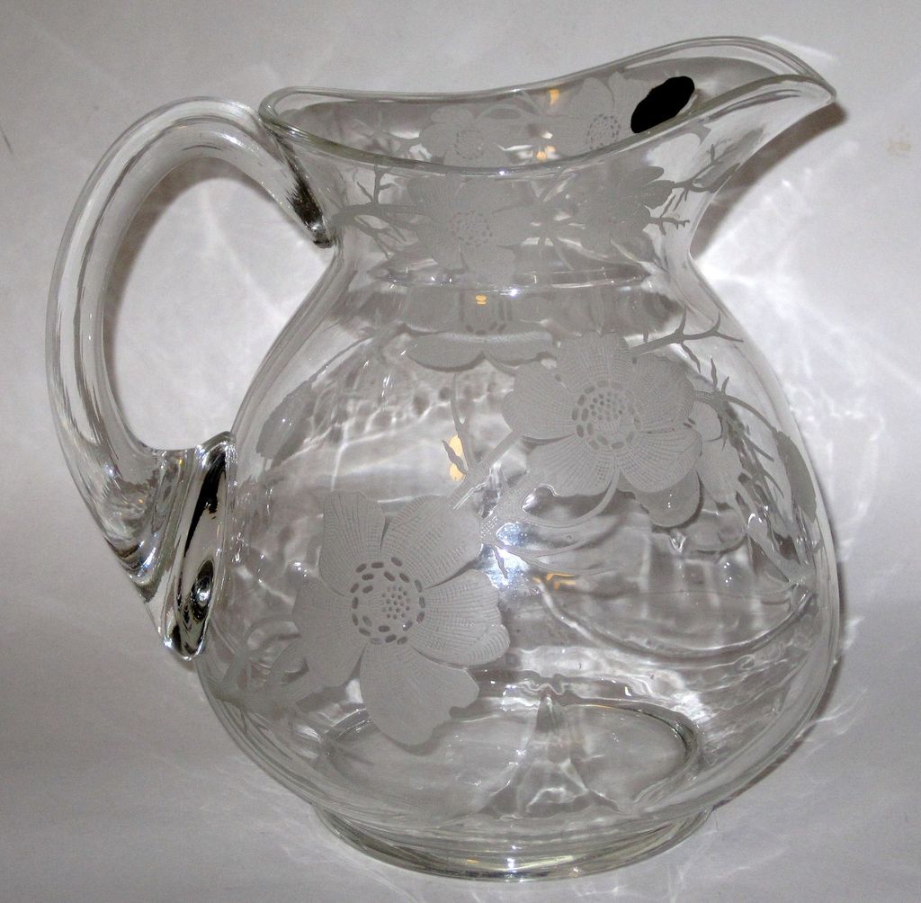 Cambridge Glass Etched Pitcher Magnolia Original Label Cambridge Glass Etched Pitcher Magnolia Original Label