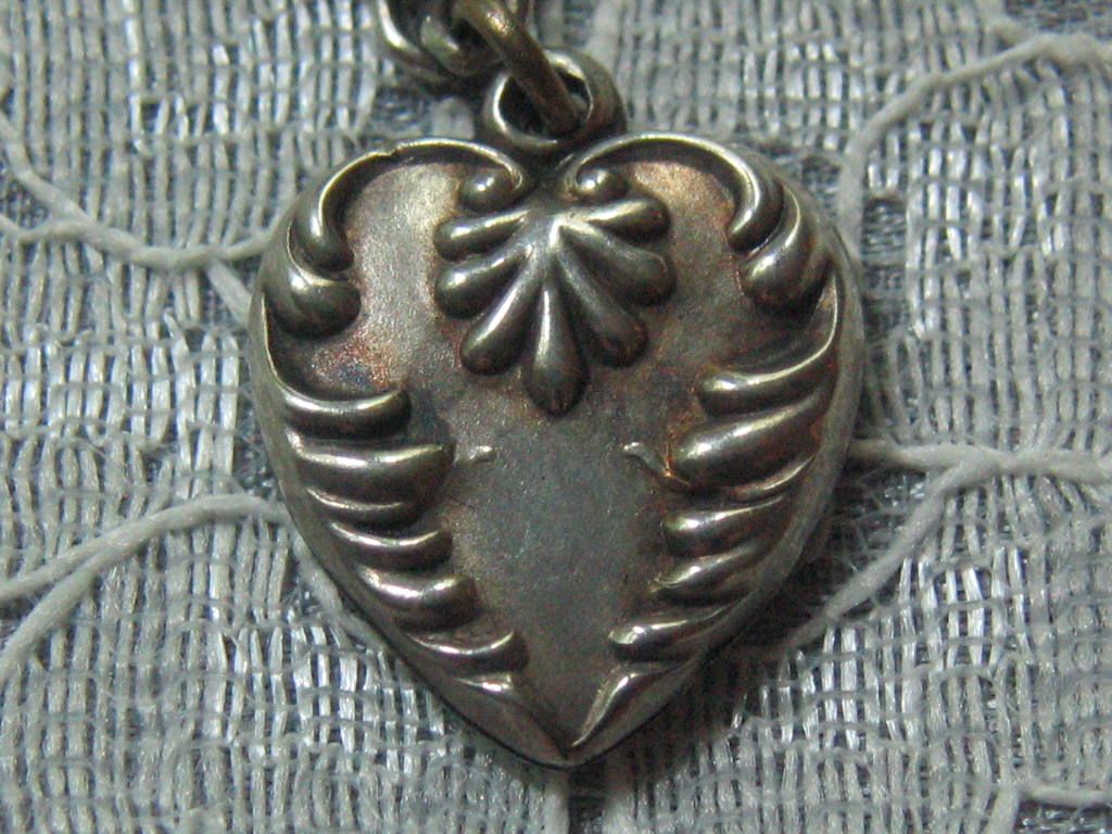 Antique/Vintage C1900 Sterling Repousse Puffy Heart Charm-Inscribed "G.F." Antique/Vintage C1900 Sterling Repousse Puffy Heart Charm-Inscribed "G.F."
