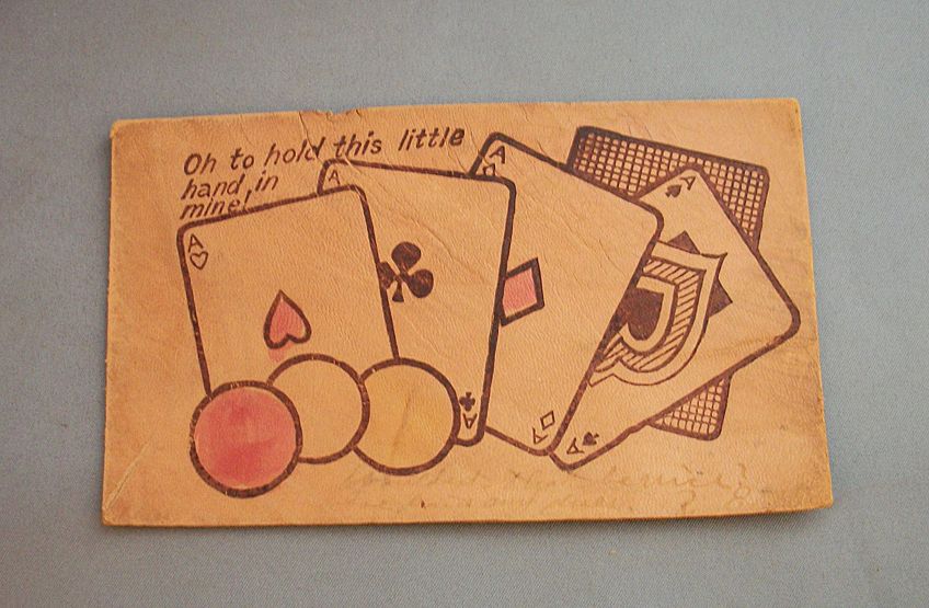 1900's Leather Postcard of a Hand of Aces 1900's Leather Postcard of a Hand of Aces