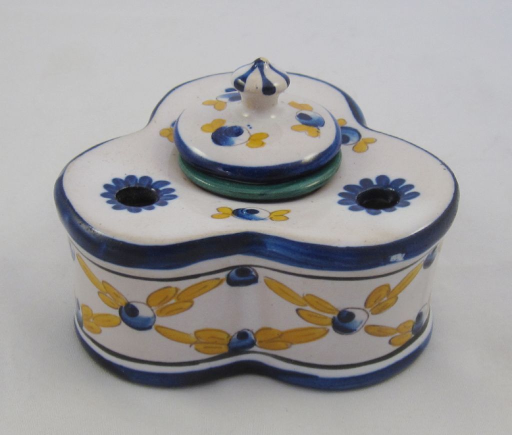 French Art Deco Hand Painted Faience Inkwell French Art Deco Hand Painted Faience Inkwell