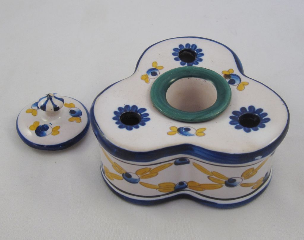 French Art Deco Hand Painted Faience Inkwell French Art Deco Hand Painted Faience Inkwell