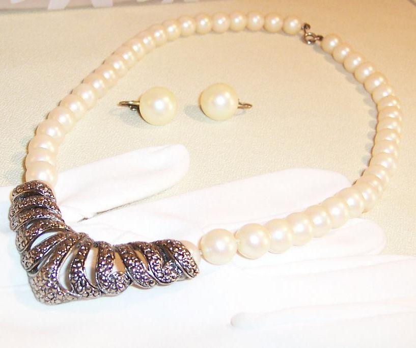 1950's Creamy Simulated Pearl Beaded Necklace with Marcasite Drop & Coordinating Earrings 1950's Creamy Simulated Pearl Beaded Necklace with Marcasite Drop & Coordinating Earrings
