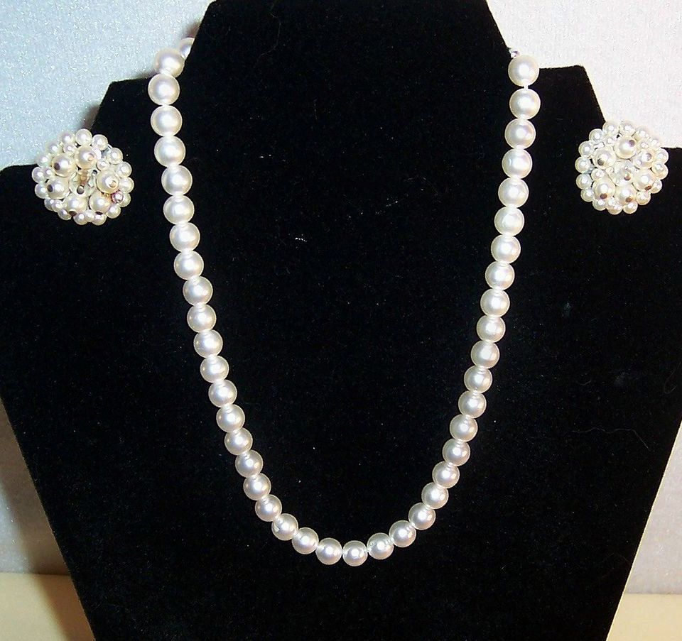 Signed Japan: Simulated White Pearl Choker / Necklace and Hand Wired Earrings Signed Japan: Simulated White Pearl Choker / Necklace and Hand Wired Earrings