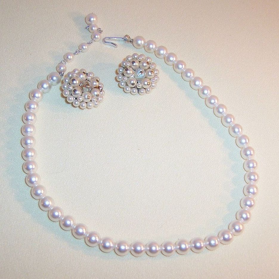 Signed Japan: Simulated White Pearl Choker / Necklace and Hand Wired Earrings Signed Japan: Simulated White Pearl Choker / Necklace and Hand Wired Earrings