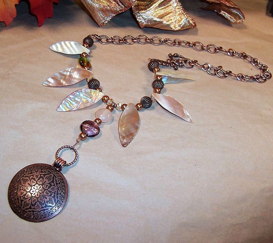 Handcrafted Copper Pearl & Shell Asymmetrical Necklace Handcrafted Copper Pearl & Shell Asymmetrical Necklace