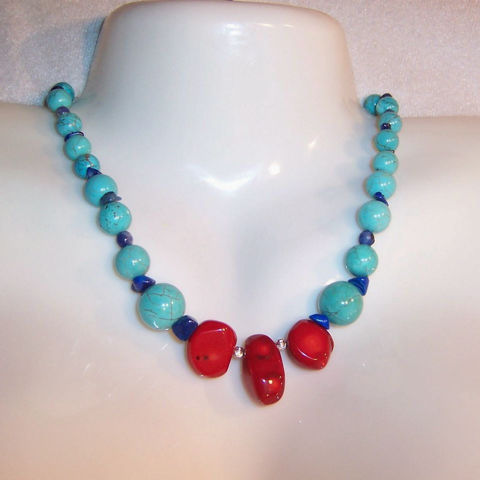 Classic & Colorful Red, Turquoise, & Blue Hand Crafted Necklace and Earrings Set Classic & Colorful Red, Turquoise, & Blue Hand Crafted Necklace and Earrings Set