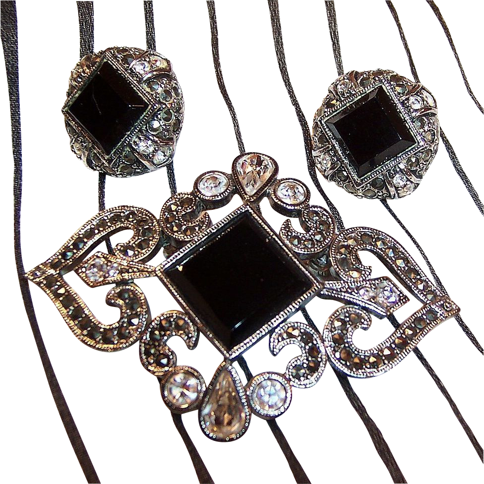 Monet Rhinestone & Marcasite Brooch & Earrings Set Monet Rhinestone & Marcasite Brooch & Earrings Set