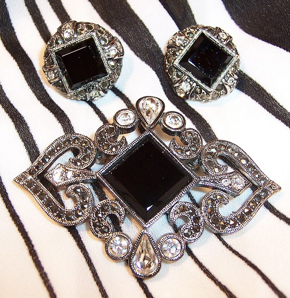 Monet Rhinestone & Marcasite Brooch & Earrings Set Monet Rhinestone & Marcasite Brooch & Earrings Set
