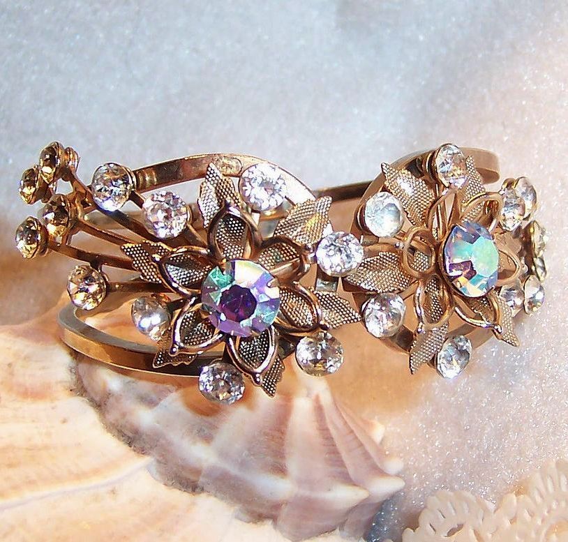 Rhinestone & Aurora Borealis Floral Clamper Bangle Bracelet Rhinestone & Aurora Borealis Floral Clamper Bangle Bracelet