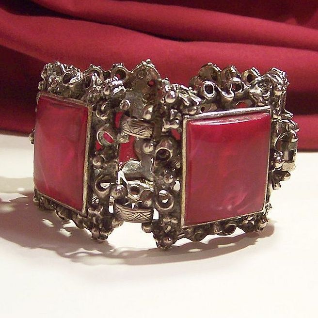 Bold & Chunky Ornate Cast Metal Bracelet with Maroon Cabs Bold & Chunky Ornate Cast Metal Bracelet with Maroon Cabs