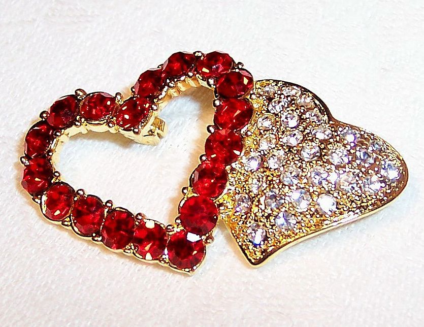 Red Rhinestone Double Heart Brooch Gold Tone Red Rhinestone Double Heart Brooch Gold Tone