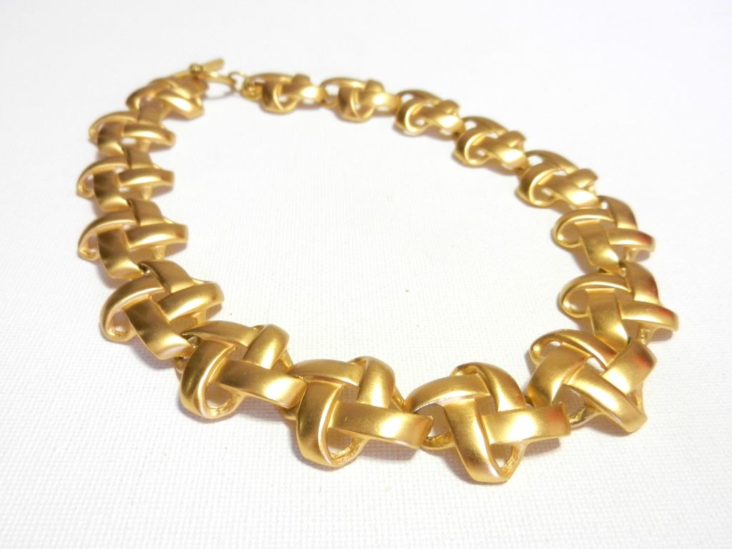 Vintage 1980's Anne Klein Brushed Gold Tone Necklace Criss Cross Pattern Vintage 1980's Anne Klein Brushed Gold Tone Necklace Criss Cross Pattern