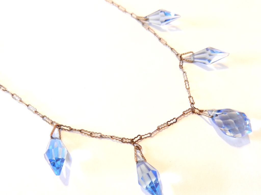 Vintage Art Deco Blue Faceted Glass Drops Necklace Paper Clip Chain Vintage Art Deco Blue Faceted Glass Drops Necklace Paper Clip Chain