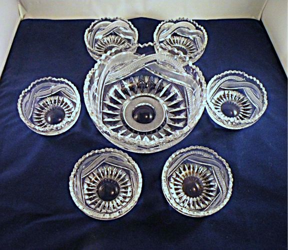 Cut Glass Berry Bowl Set with Mixed Motifs and Thick Crystal Walls Cut Glass Berry Bowl Set with Mixed Motifs and Thick Crystal Walls