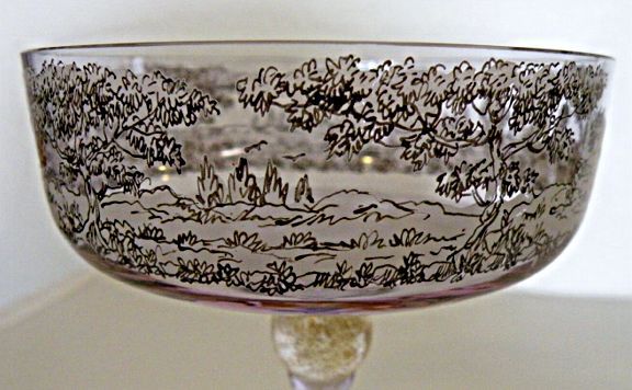 Venetian Glass Lavender Soffiati Stem Compote with Courting Couples Venetian Glass Lavender Soffiati Stem Compote with Courting Couples
