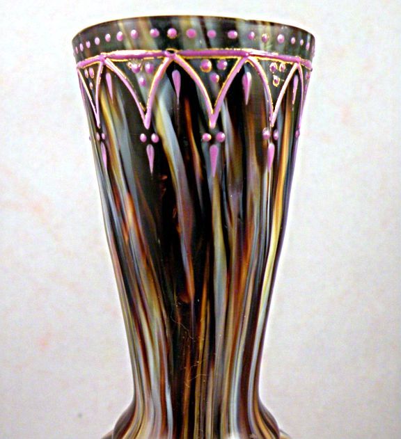 Antique Bohemian Victorian Glass Vase with Onyx Decor and Enamel Antique Bohemian Victorian Glass Vase with Onyx Decor and Enamel