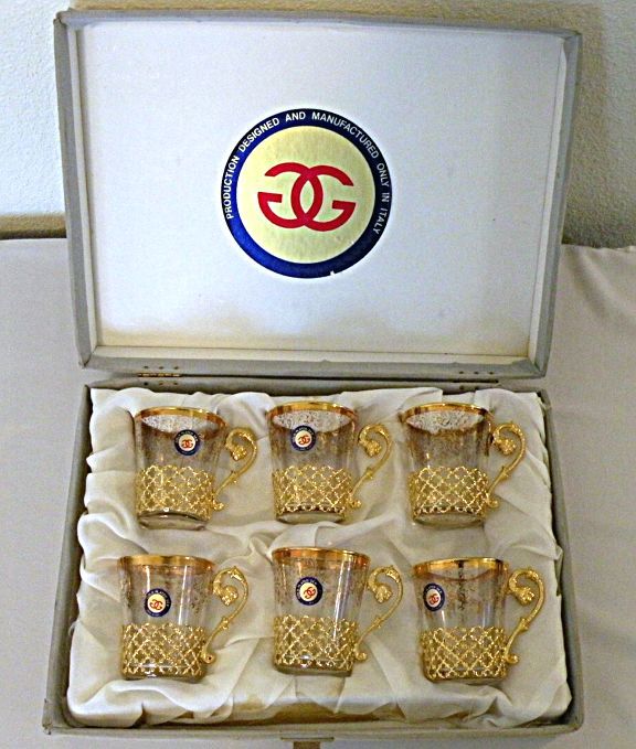 Italian Glass Demitasse Set with Goldtone Holders and Labels Italian Glass Demitasse Set with Goldtone Holders and Labels