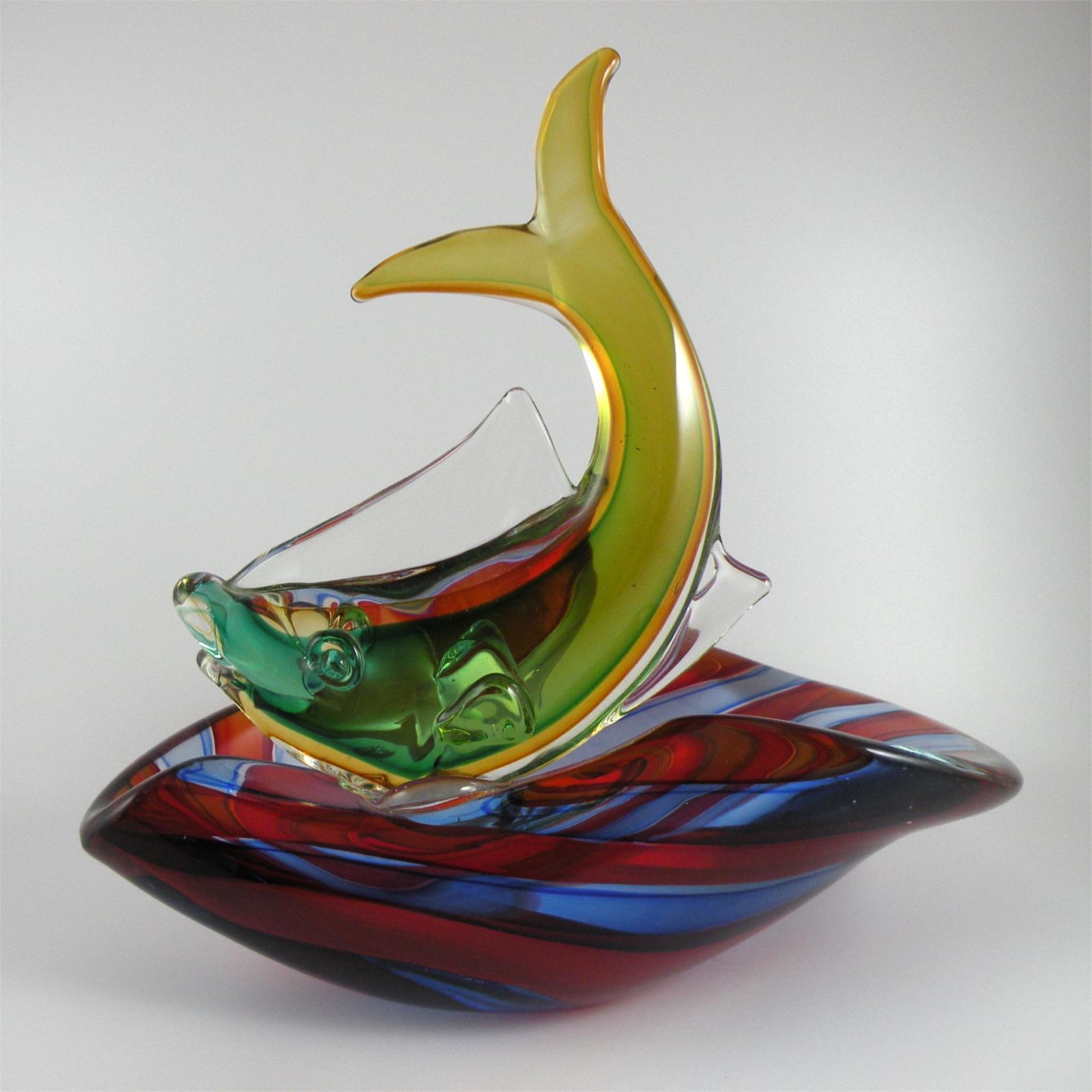 Heavy Barbini Murano Fish Bowl with Red and Blue Stripes 1961 Heavy Barbini Murano Fish Bowl with Red and Blue Stripes 1961