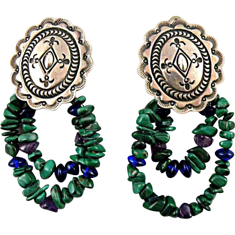 Native American Navajo Clip Earrings, Sterling Silver with Malachite Signed Delbert Delgarito Native American Navajo Clip Earrings, Sterling Silver with Malachite Signed Delbert Delgarito