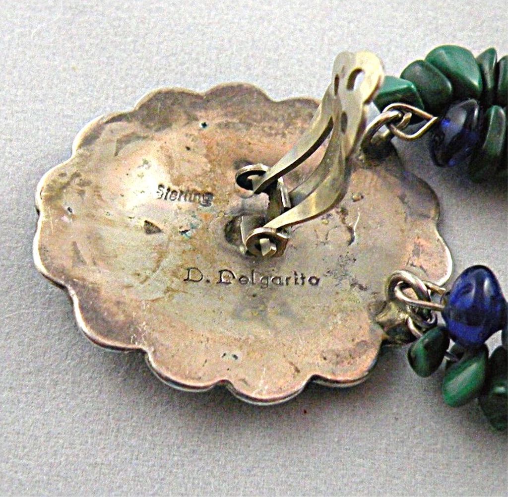 Native American Navajo Clip Earrings, Sterling Silver with Malachite Signed Delbert Delgarito Native American Navajo Clip Earrings, Sterling Silver with Malachite Signed Delbert Delgarito