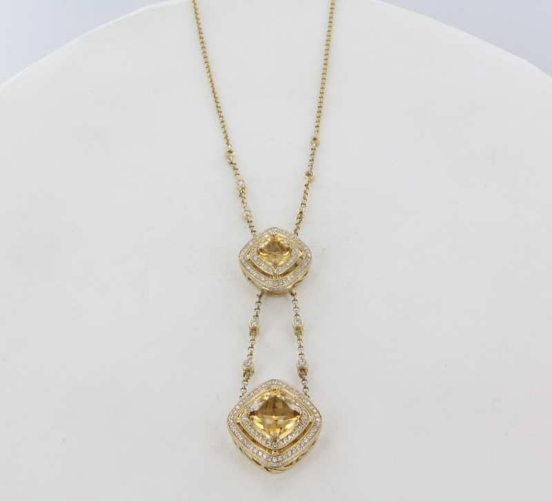 Estate Designer Natalie K Diamond Citrine 14 Karat Yellow Gold Cocktail Pendant Necklace Jewelry Estate Designer Natalie K Diamond Citrine 14 Karat Yellow Gold Cocktail Pendant Necklace Jewelry