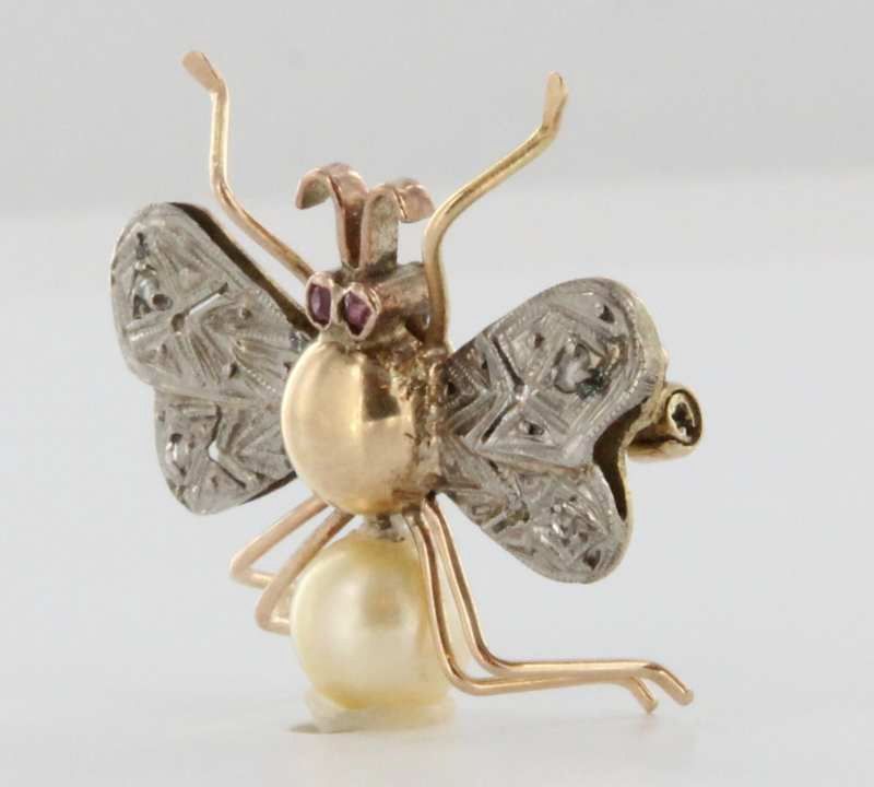 Vintage 10 Karat Yellow White Gold Ruby Cultured Pearl Bee Pin Brooch Fine Jewelry Vintage 10 Karat Yellow White Gold Ruby Cultured Pearl Bee Pin Brooch Fine Jewelry