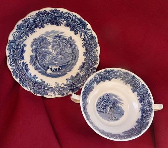 Booths Staffordshire England British Scenery Blue Transferware Creme Soup & Underplate Booths Staffordshire England British Scenery Blue Transferware Creme Soup & Underplate