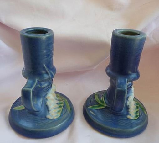 Roseville Art Pottery Vintage Pair Blue Freesia 4 1/2" Candlesticks~ Candle Holders #1161 Roseville Art Pottery Vintage Pair Blue Freesia 4 1/2" Candlesticks~ Candle Holders #1161
