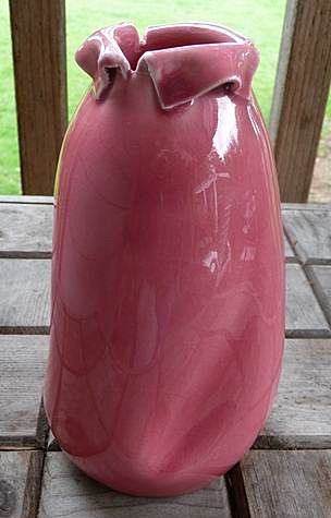 Sarreguemines France Utzchneider & Co. Majolica Dark Pink Rolled Rim Twisted Vase 6 3/4" C 1900 Sarreguemines France Utzchneider & Co. Majolica Dark Pink Rolled Rim Twisted Vase 6 3/4" C 1900