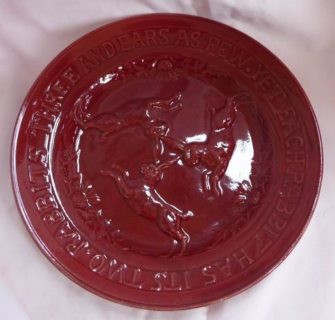Early Rare Sarreguemines France Majolica Oxblood Rabbits & Rhyme Plate 1880-1890 Early Rare Sarreguemines France Majolica Oxblood Rabbits & Rhyme Plate 1880-1890
