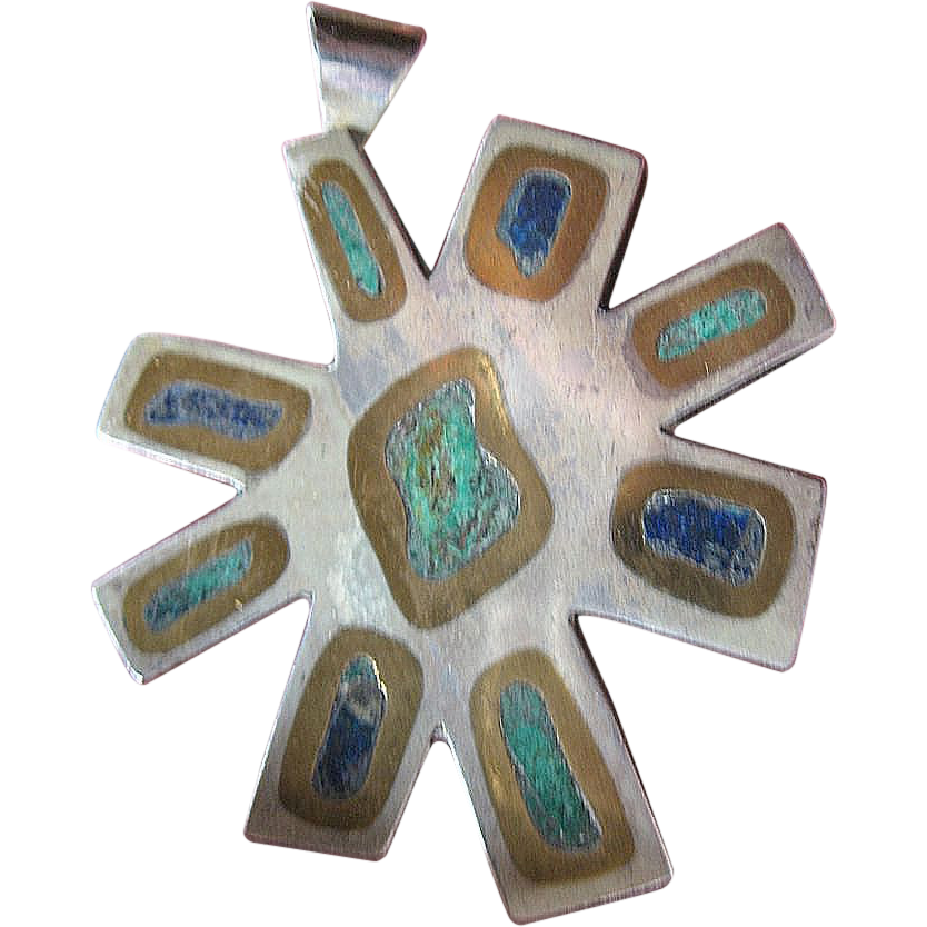 Heavy onyx and sterling with turquoise & Lapis- Taxco pendant from "Los Castillo's" Heavy onyx and sterling with turquoise & Lapis- Taxco pendant from "Los Castillo's"