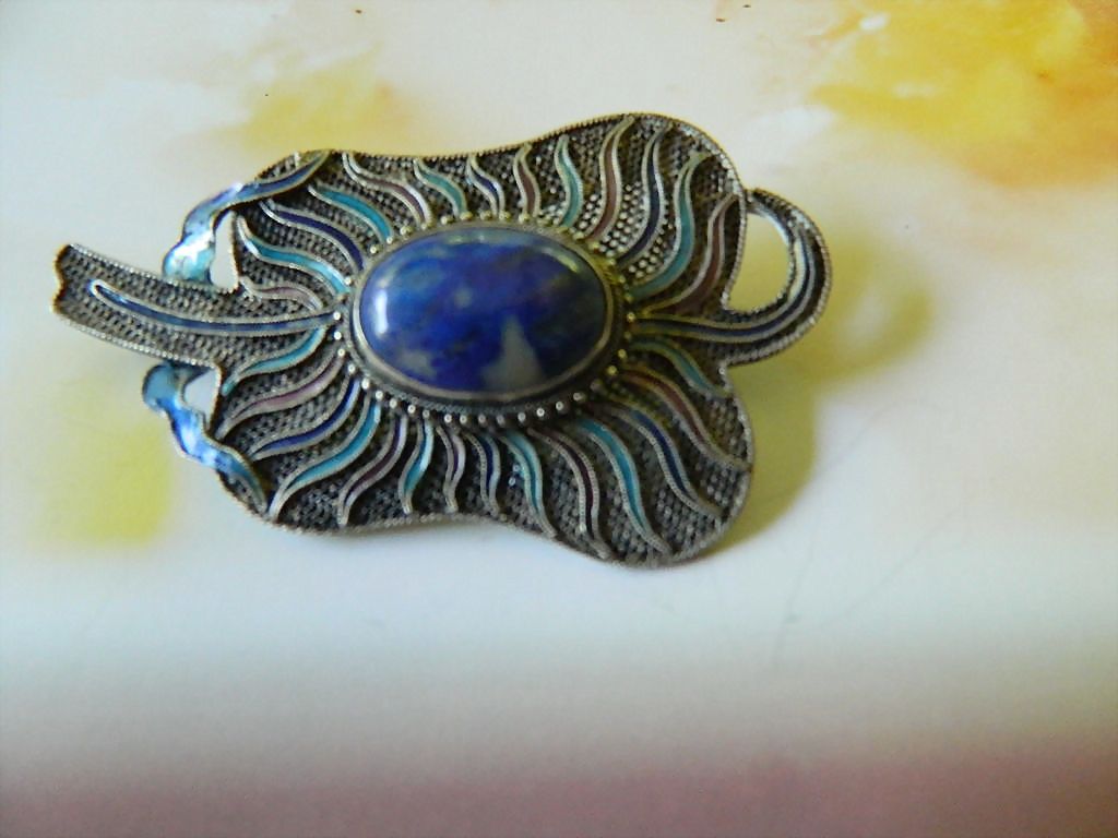 Enameled Chinese silver pin- lapis stone Enameled Chinese silver pin- lapis stone