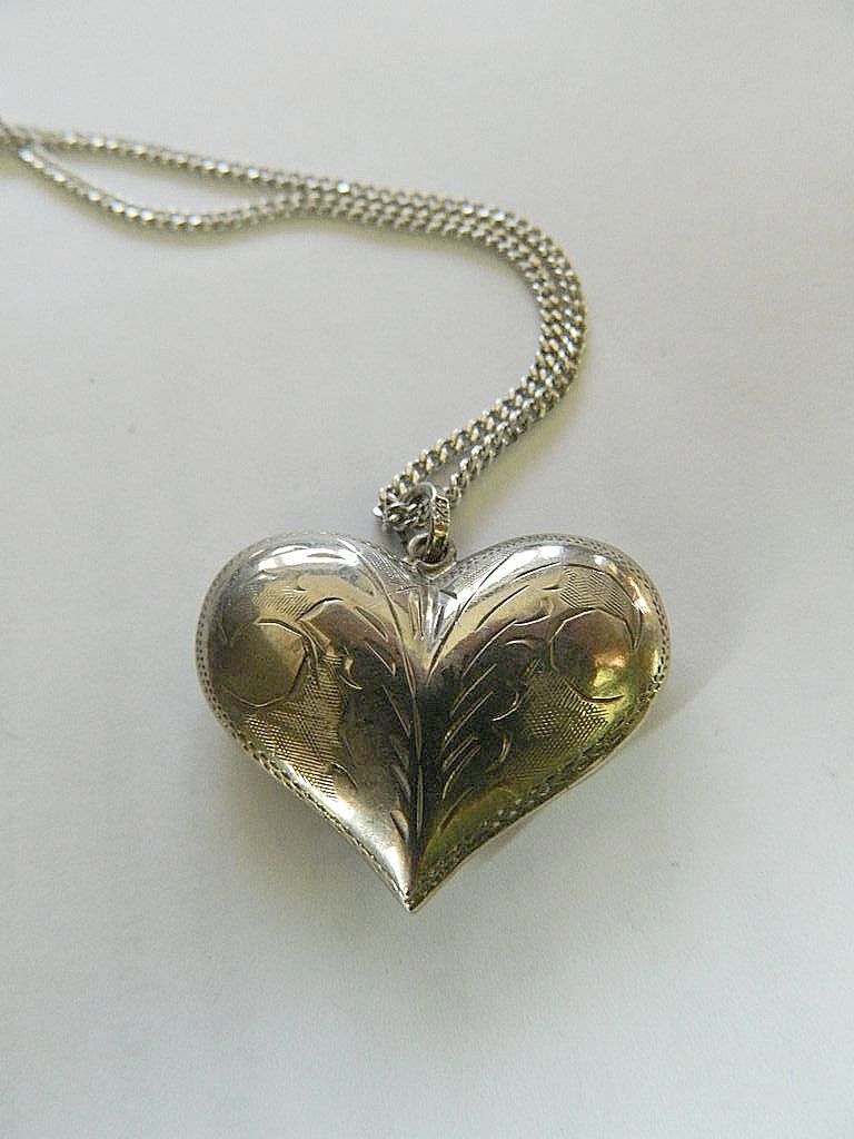 Etched - Silver puffy heart pendant with sterling chain Etched - Silver puffy heart pendant with sterling chain
