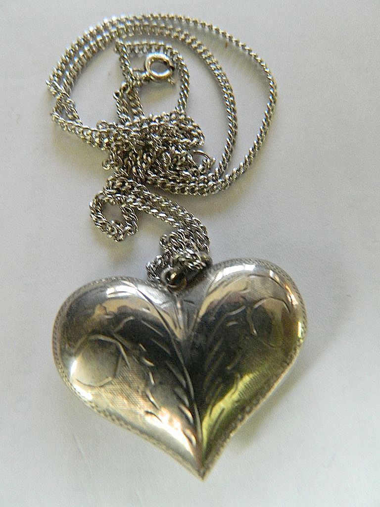 Etched - Silver puffy heart pendant with sterling chain Etched - Silver puffy heart pendant with sterling chain