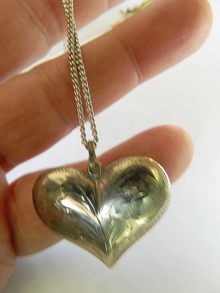Etched - Silver puffy heart pendant with sterling chain Etched - Silver puffy heart pendant with sterling chain