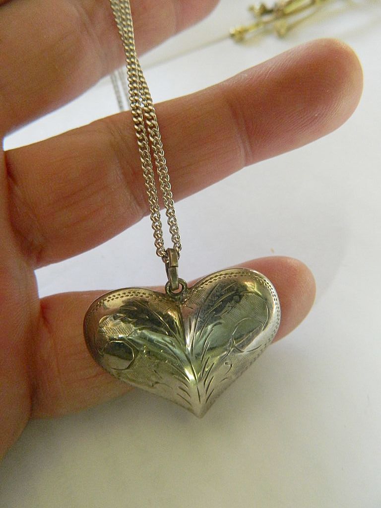 Etched - Silver puffy heart pendant with sterling chain Etched - Silver puffy heart pendant with sterling chain