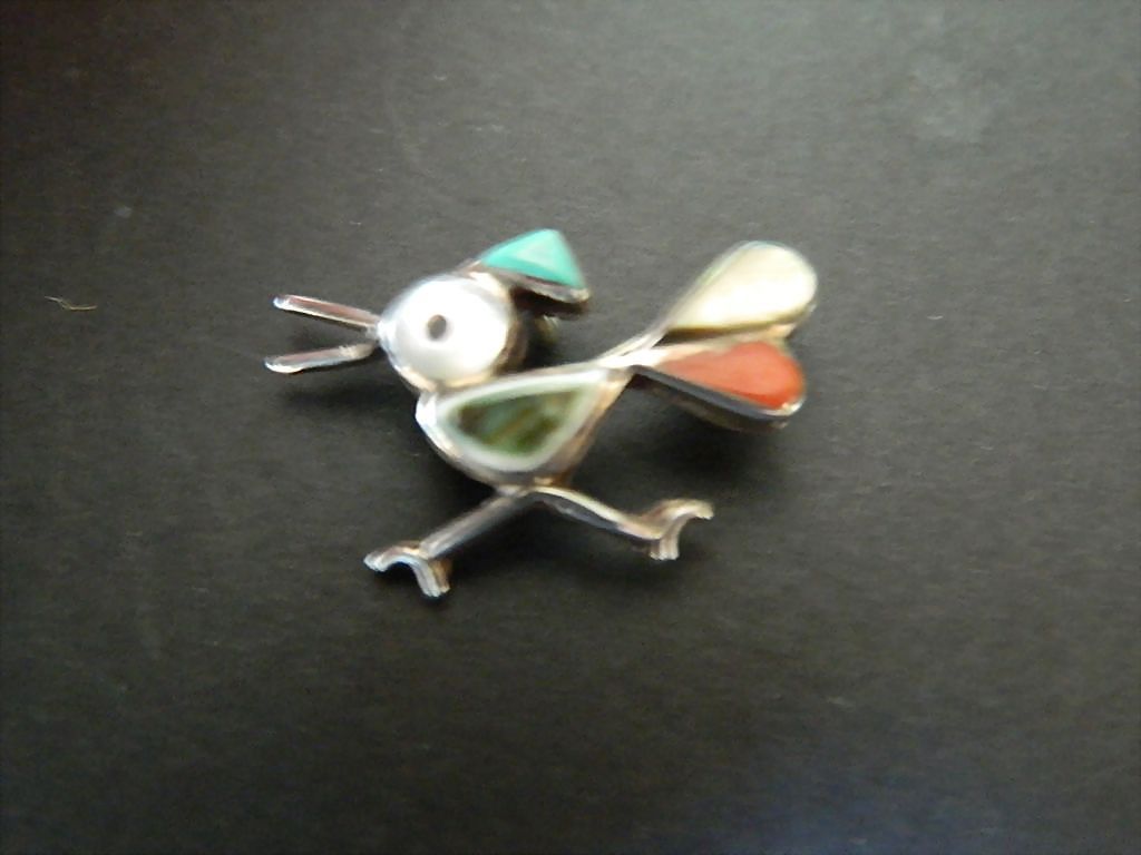 Silver Zuni- Roadrunner -Pin- coral- Mop and Turquoise Silver Zuni- Roadrunner -Pin- coral- Mop and Turquoise
