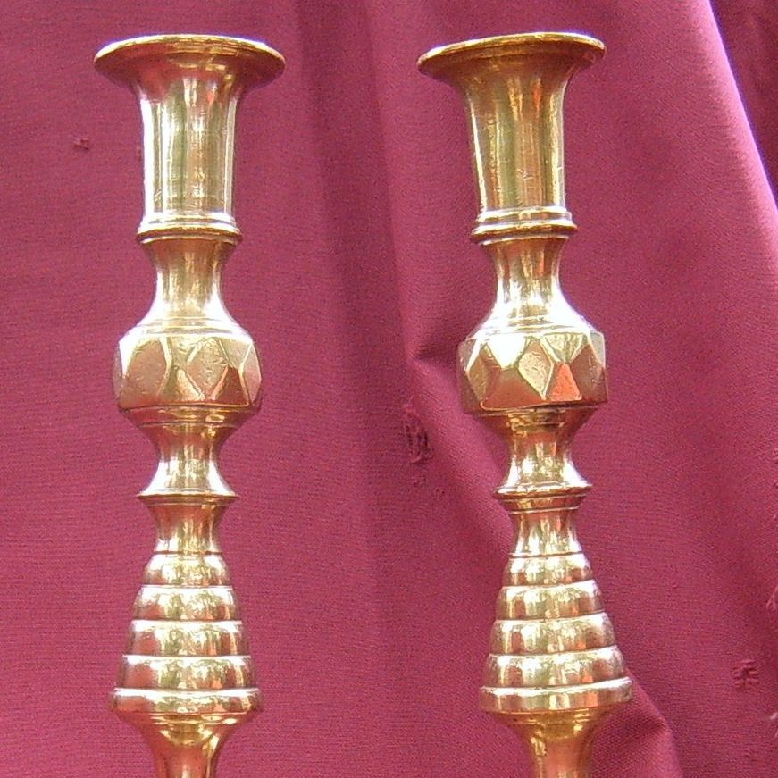 Pair of Brass 19th Century Diamond Pattern Candlesticks Pair of Brass 19th Century Diamond Pattern Candlesticks