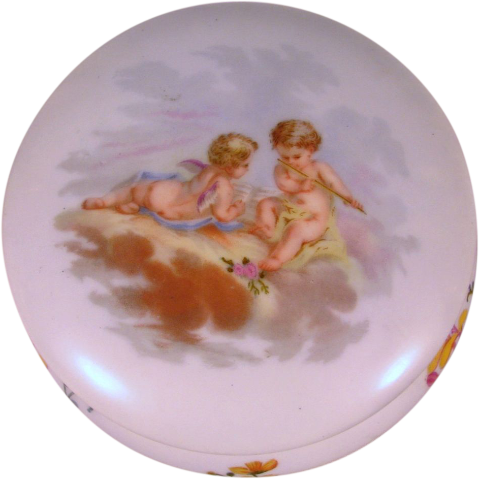 Limoges Powder Jar, Dresser Box, Cherubs Limoges Powder Jar, Dresser Box, Cherubs