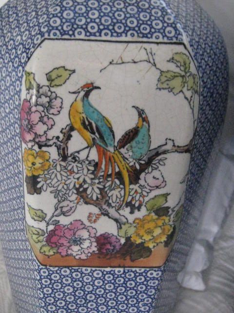 Pair Large Antique Blue Transferware English Vases w/Exotic Birds Pair Large Antique Blue Transferware English Vases w/Exotic Birds