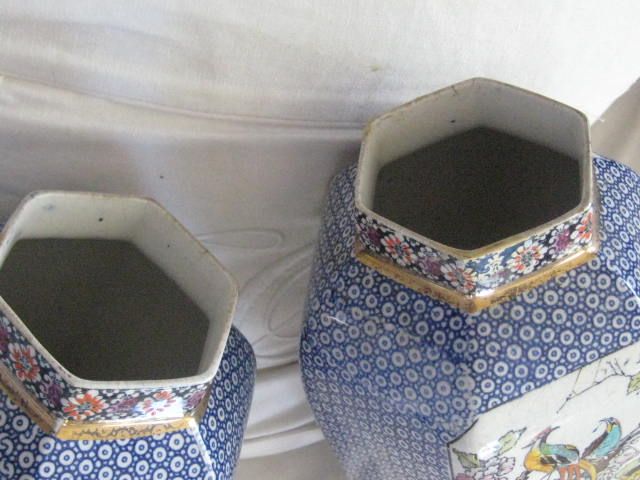 Pair Large Antique Blue Transferware English Vases w/Exotic Birds Pair Large Antique Blue Transferware English Vases w/Exotic Birds