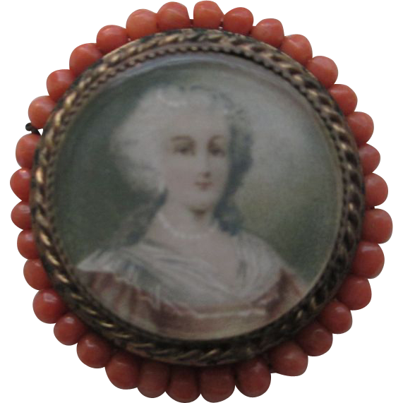 Victorian Portrait Sash Pin with Coral Bead Surround Victorian Portrait Sash Pin with Coral Bead Surround